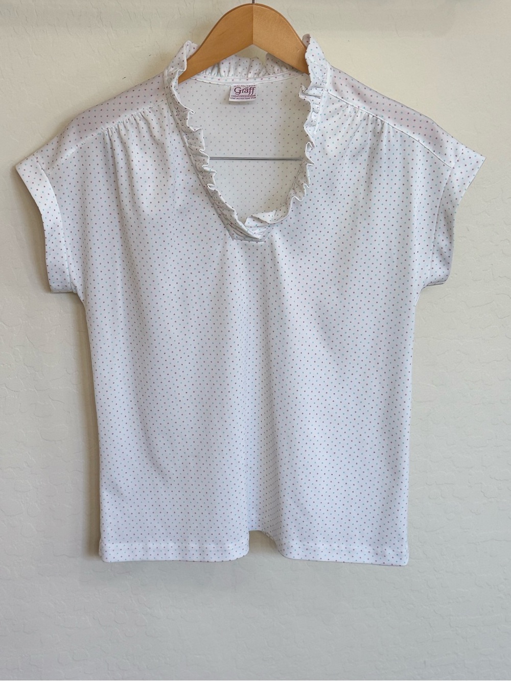 Vintage 80s Graff California Wear Ruffle Neck Polka Dot Blouse Cap Sleeve M/L